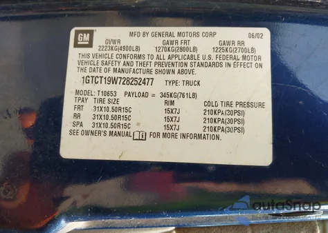 2002 GMC Sonoma Sls z USA, uszkodzony, nr VIN 1GTCT19W728252477